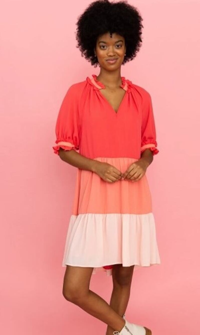CROSBY by Mollie Burch Isabella Colorblock Swing Mini Dress XS Coral Tiered